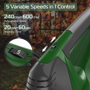 21V Leaf Blower Cordless with Battery and Charger, 5 Speeds Adjustable Cordless Battery Operated Blower for Lawn Care, Small Electric Cordless Leaf Blower with 2 Batteries Cordless Blower