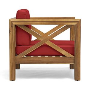 Great Deal Furniture Indira Outdoor Acacia Wood Club Chair with Cushion, Teak Finish and Red