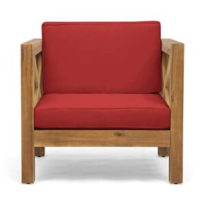 great deal furniture indira outdoor acacia wood club chair with cushion, teak finish and red