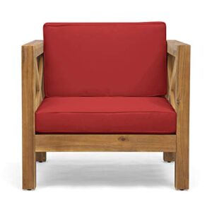 Great Deal Furniture Indira Outdoor Acacia Wood Club Chair with Cushion, Teak Finish and Red