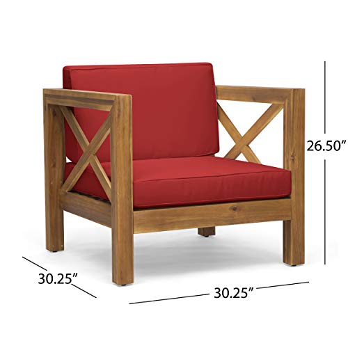 Great Deal Furniture Indira Outdoor Acacia Wood Club Chair with Cushion, Teak Finish and Red