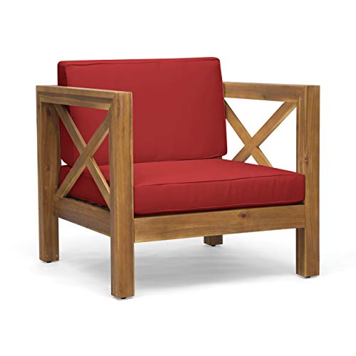 Great Deal Furniture Indira Outdoor Acacia Wood Club Chair with Cushion, Teak Finish and Red