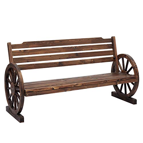 Kinsuite Outdoor Patio Wooden Wagon Wheel Garden Benches 2-Person Rustic Fir Wheel Seat Chair w/Slatted Seat and Backrest, Outside Yard Decorative