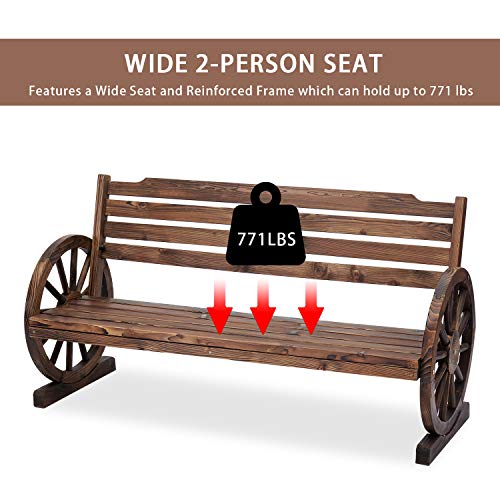 Kinsuite Outdoor Patio Wooden Wagon Wheel Garden Benches 2-Person Rustic Fir Wheel Seat Chair w/Slatted Seat and Backrest, Outside Yard Decorative