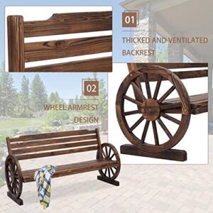 Kinsuite Outdoor Patio Wooden Wagon Wheel Garden Benches 2-Person Rustic Fir Wheel Seat Chair w/Slatted Seat and Backrest, Outside Yard Decorative