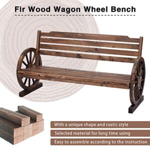Kinsuite Outdoor Patio Wooden Wagon Wheel Garden Benches 2-Person Rustic Fir Wheel Seat Chair w/Slatted Seat and Backrest, Outside Yard Decorative