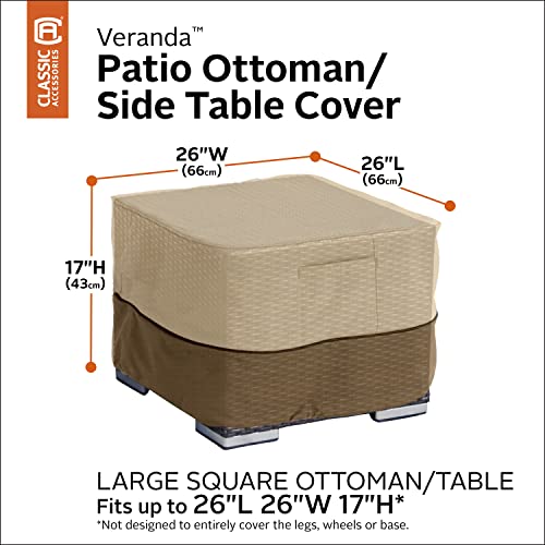 Classic Accessories Veranda Water-Resistant 26 Inch Square Patio Ottoman/Side Table Cover, Outdoor Table Cover