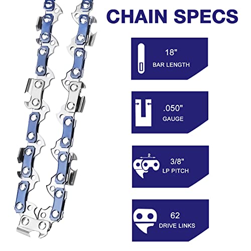 4 Pack 18 Inch Chainsaw Chain 3/8" LP Pitch .050'' Gauge 62 Drive Links Fits Husqvarna, Echo, Poulan, Craftsman and more