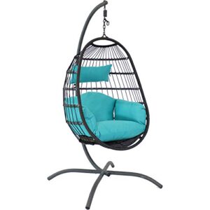 sunnydaze penelope hanging egg chair with seat cushions and stand – black hanging wicker chair with turquoise polyester cushions and powder-coated steel stand – collapsible nylon back design – 78-inch