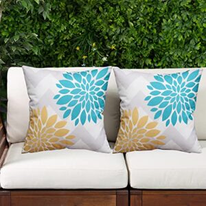 outdoor waterproof throw pillow covers 18×18 inch teal and yellow dahlia flower outdoor decor accent pillows for patio furniture set of 2