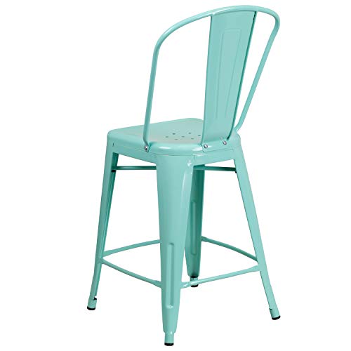 Merrick Lane Stella 24" Metal Indoor-Outdoor Counter Stool with Vertical Slat Back and Integrated Footrest in Mint Green