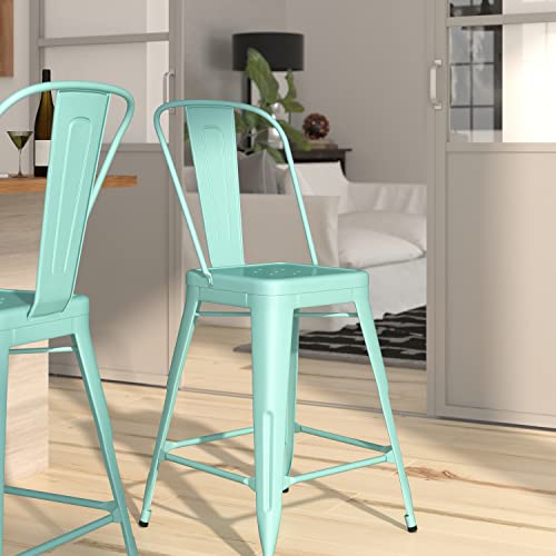 Merrick Lane Stella 24" Metal Indoor-Outdoor Counter Stool with Vertical Slat Back and Integrated Footrest in Mint Green