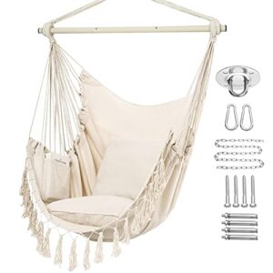 y- stop hammock chair hanging rope swing, max 500 lbs, 2 cushions included, large macrame hanging chair with pocket for superior comfort, with hardware kit, beige