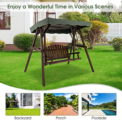 Tangkula Wooden Porch Swing, 2 Person A-Frame Outdoor Swing with Adjustable Canopy, Armrest, 2 Side Tables, Outdoor Swing with Wood Stand for Garden, Backyard, Deck, Poolside (Rustic)