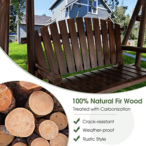 Tangkula Wooden Porch Swing, 2 Person A-Frame Outdoor Swing with Adjustable Canopy, Armrest, 2 Side Tables, Outdoor Swing with Wood Stand for Garden, Backyard, Deck, Poolside (Rustic)