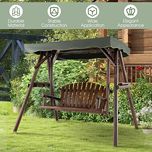 Tangkula Wooden Porch Swing, 2 Person A-Frame Outdoor Swing with Adjustable Canopy, Armrest, 2 Side Tables, Outdoor Swing with Wood Stand for Garden, Backyard, Deck, Poolside (Rustic)