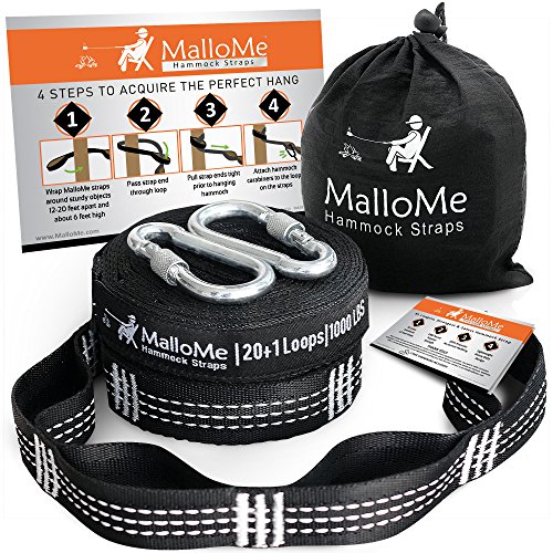 MalloMe XL Hammock Straps - Hammock Tree Straps Set 2000+ LBS Heavy Duty 40 Loops & 100% No Stretch Suspension System Kit - Camping Hammock Accessories | 2 Carabiners | 12 Feet