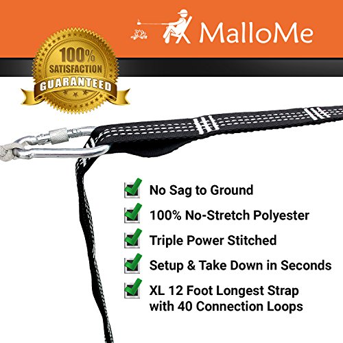 MalloMe XL Hammock Straps - Hammock Tree Straps Set 2000+ LBS Heavy Duty 40 Loops & 100% No Stretch Suspension System Kit - Camping Hammock Accessories | 2 Carabiners | 12 Feet