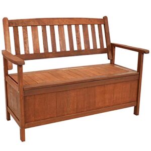 sunnydaze decor meranti wood 2-seat storage bench with teak oil finish – decorative outdoor storage bench – provides seating for two adults – perfect for the deck, backyard, patio or front porch