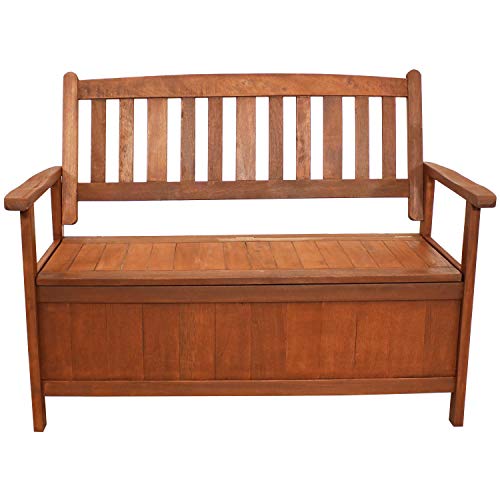 Sunnydaze Decor Meranti Wood 2-Seat Storage Bench with Teak Oil Finish - Decorative Outdoor Storage Bench - Provides Seating for Two Adults - Perfect for The Deck, Backyard, Patio or Front Porch