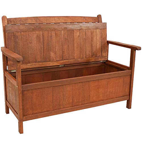 Sunnydaze Decor Meranti Wood 2-Seat Storage Bench with Teak Oil Finish - Decorative Outdoor Storage Bench - Provides Seating for Two Adults - Perfect for The Deck, Backyard, Patio or Front Porch