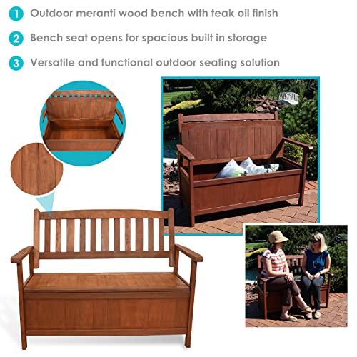 Sunnydaze Decor Meranti Wood 2-Seat Storage Bench with Teak Oil Finish - Decorative Outdoor Storage Bench - Provides Seating for Two Adults - Perfect for The Deck, Backyard, Patio or Front Porch