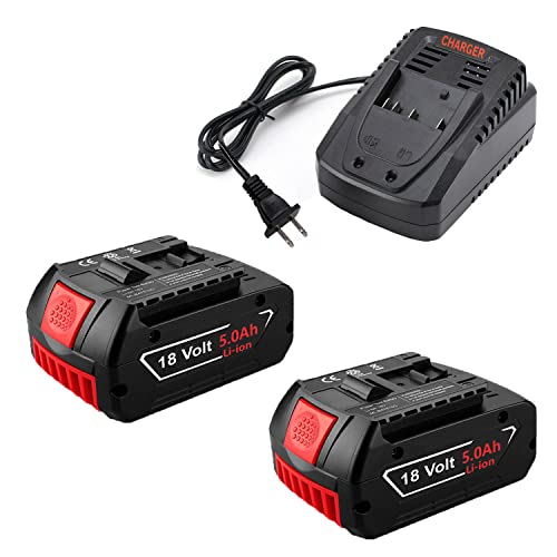 2Pack 5.0Ah BAT609 Battery Replacement for Bosch 18V Battery + 14.4V-18V Lithium Battery Charger BAT618 BAT609 BAT622 BAT609G BAT618G BAT619 BAT619G BAT610G Cordless Power Tool Battery