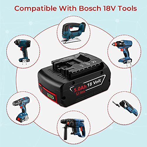 2Pack 5.0Ah BAT609 Battery Replacement for Bosch 18V Battery + 14.4V-18V Lithium Battery Charger BAT618 BAT609 BAT622 BAT609G BAT618G BAT619 BAT619G BAT610G Cordless Power Tool Battery