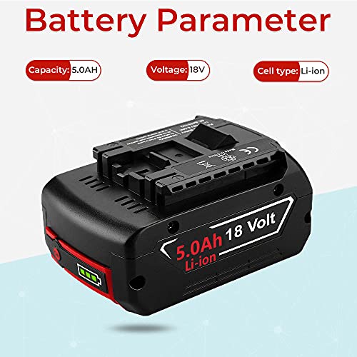 2Pack 5.0Ah BAT609 Battery Replacement for Bosch 18V Battery + 14.4V-18V Lithium Battery Charger BAT618 BAT609 BAT622 BAT609G BAT618G BAT619 BAT619G BAT610G Cordless Power Tool Battery