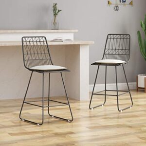 great deal furniture hedy outdoor counter stools, 26″ seats, modern, geometric, gray iron frames with ivory cushion (set of 2)
