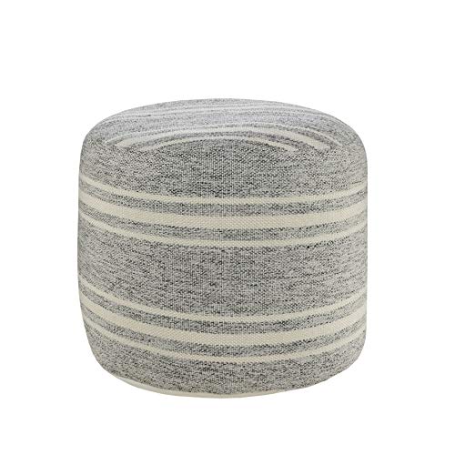 LR Home Ox Bay Farmhouse Triple Stripe Indoor Outdoor Pouf, Gray/White, 18" x 18" x 14"