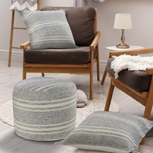 LR Home Ox Bay Farmhouse Triple Stripe Indoor Outdoor Pouf, Gray/White, 18" x 18" x 14"