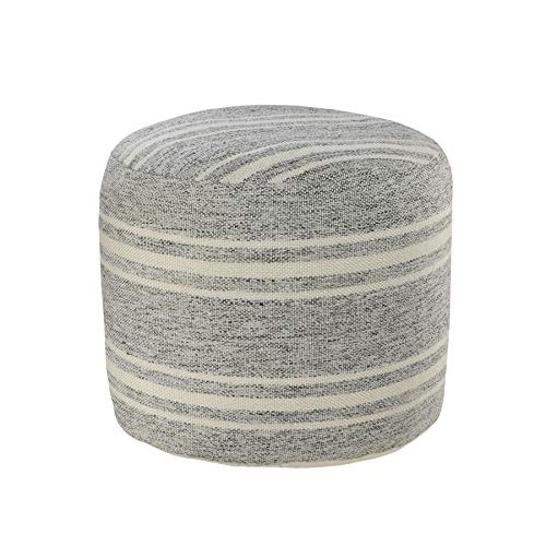 LR Home Ox Bay Farmhouse Triple Stripe Indoor Outdoor Pouf, Gray/White, 18" x 18" x 14"