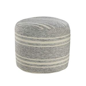 LR Home Ox Bay Farmhouse Triple Stripe Indoor Outdoor Pouf, Gray/White, 18" x 18" x 14"