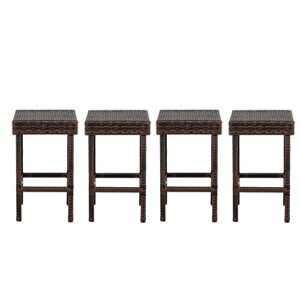 24 inch counter height rattan wicker bar stools set of 4, bistro pub backless barstools, kitchen dining room chairs, indoor outdoor furniture (brown)