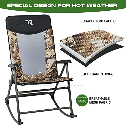 TR Foldable Rocking Chair 3-Position Recliner Padded Camping Chair Rocker Chair Outdoor Portable Heavy Duty High Back Hard Armrest Mesh Back 500 lbs for Patio Home Summer, Camo