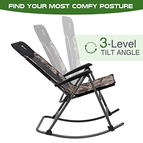 TR Foldable Rocking Chair 3-Position Recliner Padded Camping Chair Rocker Chair Outdoor Portable Heavy Duty High Back Hard Armrest Mesh Back 500 lbs for Patio Home Summer, Camo