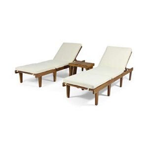 christopher knight home carlos outdoor acacia wood 3 piece chaise lounge set, teak finish, cream