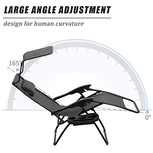 Vnewone Zero Gravity Folding Outdoor Anti Reclining Lounge Deck Foldable Yard with Pillow Cup Holder and Canopy, Black