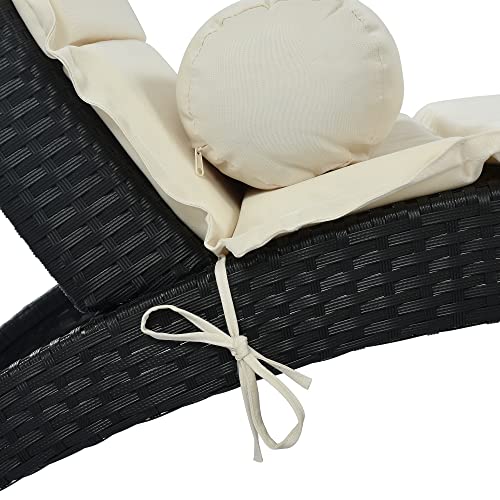 Morhome PE Foldable Removable Cushion and Bolster Pillow,Patio Sun Lounger with Table Outdoor Rattan Wicker Pool Chaise Lounge Chairs, Beige-A