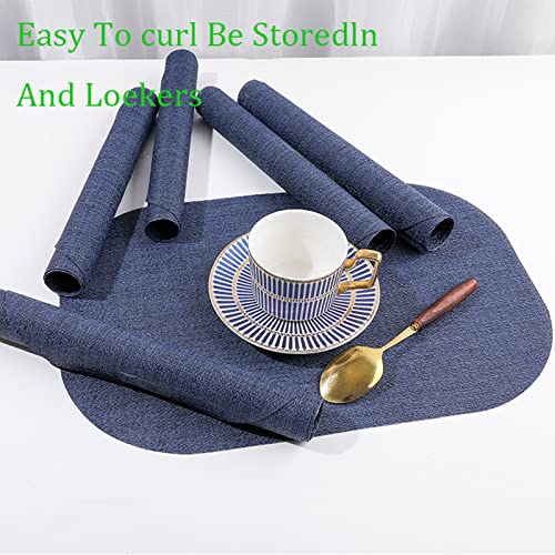 XINYUN Oval Place Mats Indoor Set of 6 Washable Navy Blue Kitchen Table Placemats Vinyl Woven Patio Table Mats Heat Resistant Non Slip Decorate for Outdoor Garden Picnic Beach Dining Table