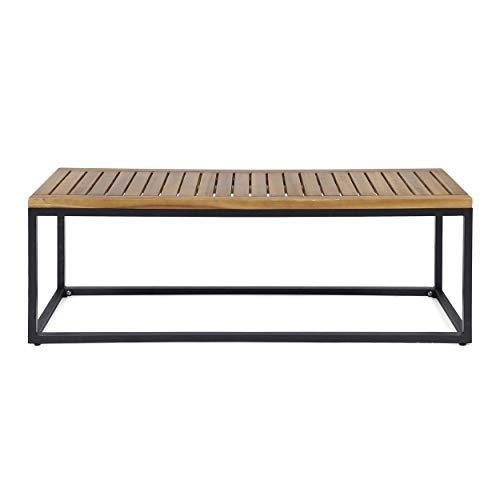 Great Deal Furniture Drew Outdoor Industrial Acacia Wood and Iron Bench, Teak and Black