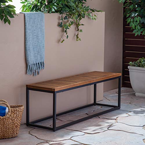 Great Deal Furniture Drew Outdoor Industrial Acacia Wood and Iron Bench, Teak and Black