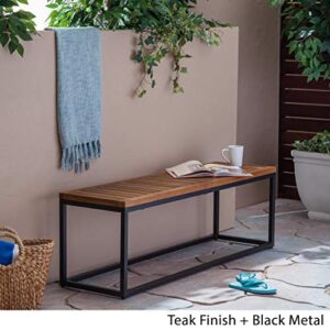 Great Deal Furniture Drew Outdoor Industrial Acacia Wood and Iron Bench, Teak and Black