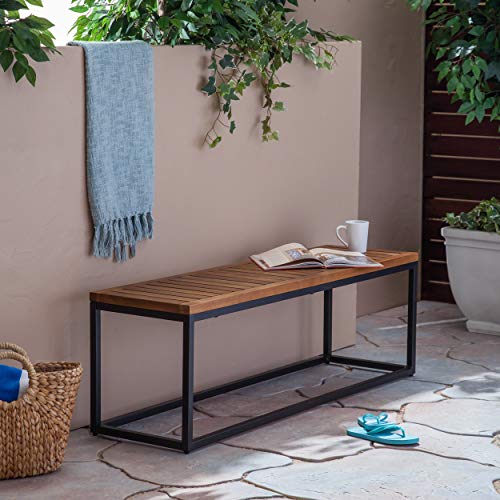 Great Deal Furniture Drew Outdoor Industrial Acacia Wood and Iron Bench, Teak and Black