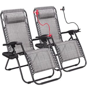 idealchoiceproduct 2-pack zero gravity outdoor lounge chairs patio adjustable folding reclining chairs with free cup/drink utility tray & cell phone holder – grey color, 2pcs