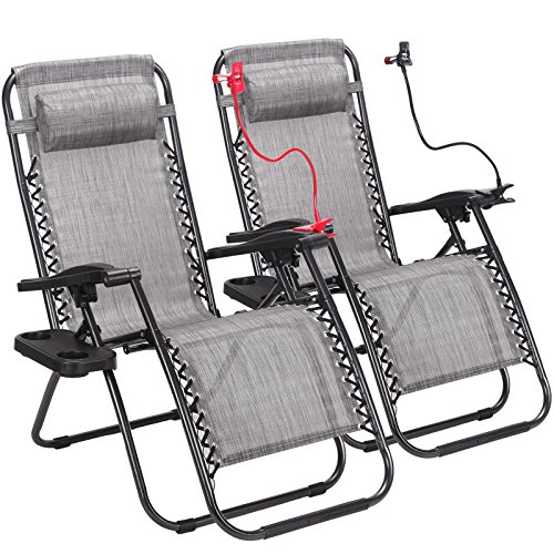 Idealchoiceproduct 2-Pack Zero Gravity Outdoor Lounge Chairs Patio Adjustable Folding Reclining Chairs with Free Cup/Drink Utility Tray & Cell Phone Holder - Grey Color, 2pcs