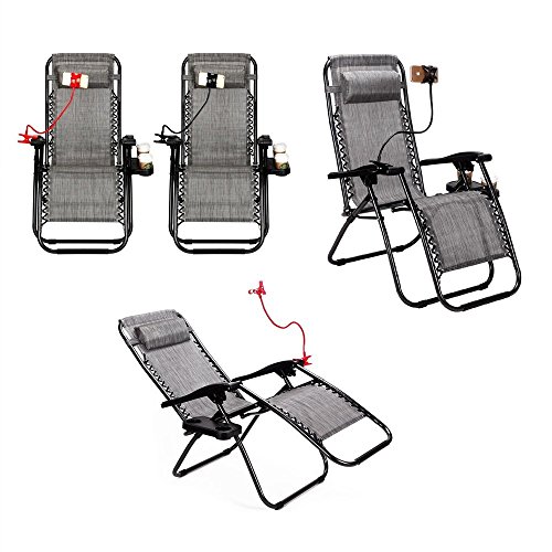 Idealchoiceproduct 2-Pack Zero Gravity Outdoor Lounge Chairs Patio Adjustable Folding Reclining Chairs with Free Cup/Drink Utility Tray & Cell Phone Holder - Grey Color, 2pcs