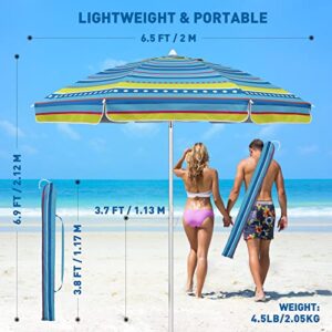 FEFLO Beach Sand Umbrella Portable Outdoor: 7ft Arc Length 6.5ft Diameter Large Striped Heavy Duty Wind Proof UV 50+ Parasol with Anchor Adjustable Tilt Pole 8 Ribs Carry Bag Lightweight