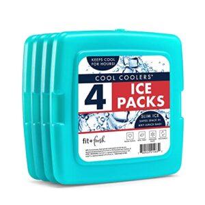 cool coolers by fit + fresh, reusable & long-lasting slim ice packs, perfect addition to your lunch box, camping accessories, insulated lunch bag, beach cooler backpack & more, 4pk, green